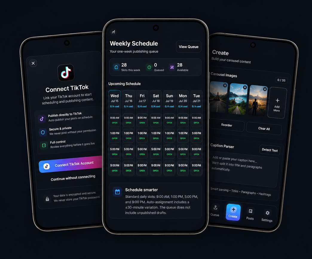 Social Machine dark mode phone previews