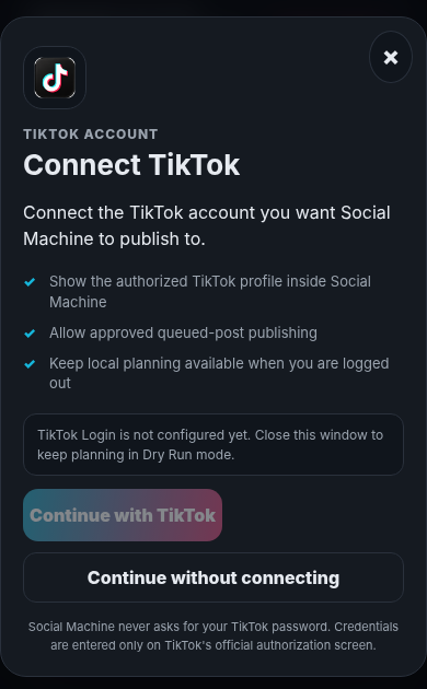 TikTok connection popup inside a phone frame in dark mode