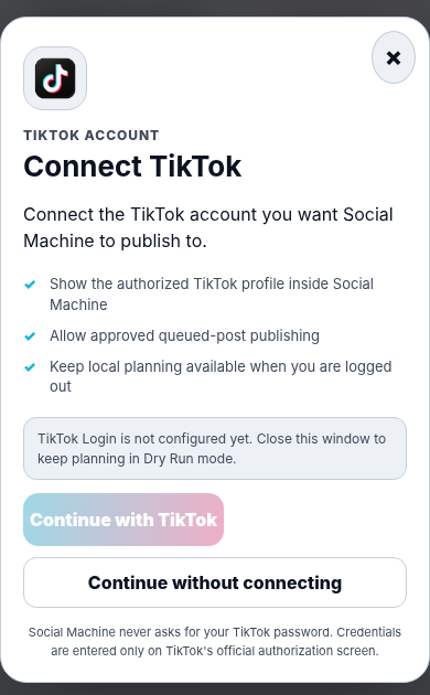 TikTok connection popup inside a phone frame in light mode