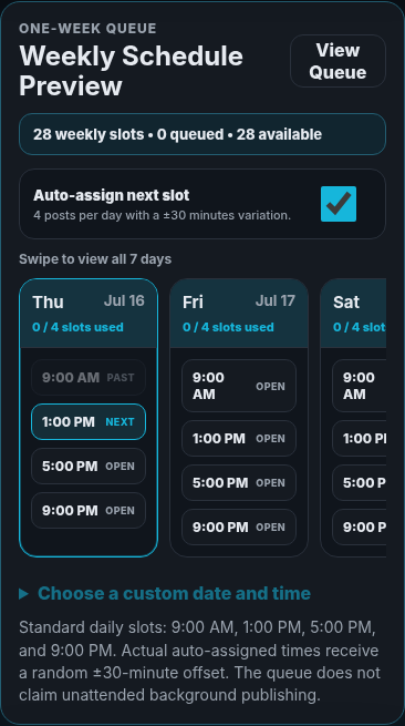 Weekly schedule inside a phone frame in dark mode